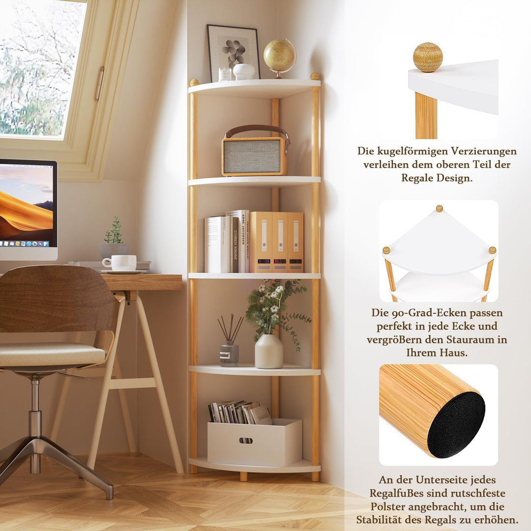 Ruichang Eckregal stehend mit 5 Ebenen, bücherregal Holz, Standregal, Aufbewahrungsregal, Lagerregal