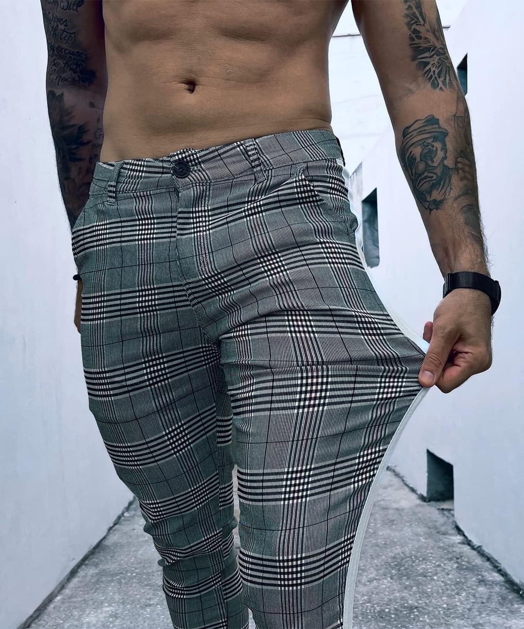 GINGTTO Herren Chino Hose Skinny Stretch Chinohose Karo Slim fit Stoffhose Check Tapered Casual Pant