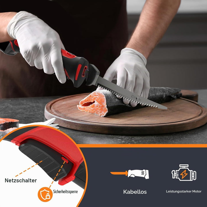 VLOXO Elektromesser Kabelloses Filetiermesser mit 4 Edelstahl-Doppelklingen Wiederaufladbar Elektris