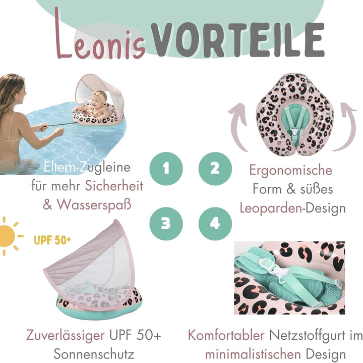 EDWEKIN® Einzigartiger Baby Schwimmring mit Leo Optik | Innovative Baby Schwimmhilfe mit Sonnenschut