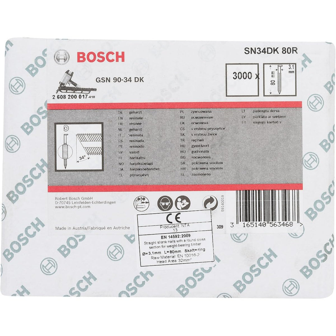 Bosch Professional 2608200017 Nagel D-Kopf Nagel 34°, blank, geringt; SN34DK 80R 80Rx3,1xmm,x80xmm,