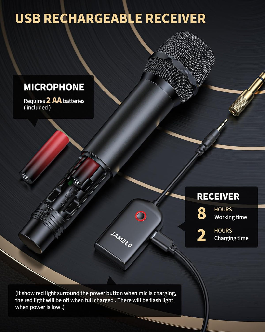 JAMELO Kabelloses Mikrofon, 2.4G Handmikrofon mit Hall & Equalizer, Bluetooth-Empfänger, für Karaoke