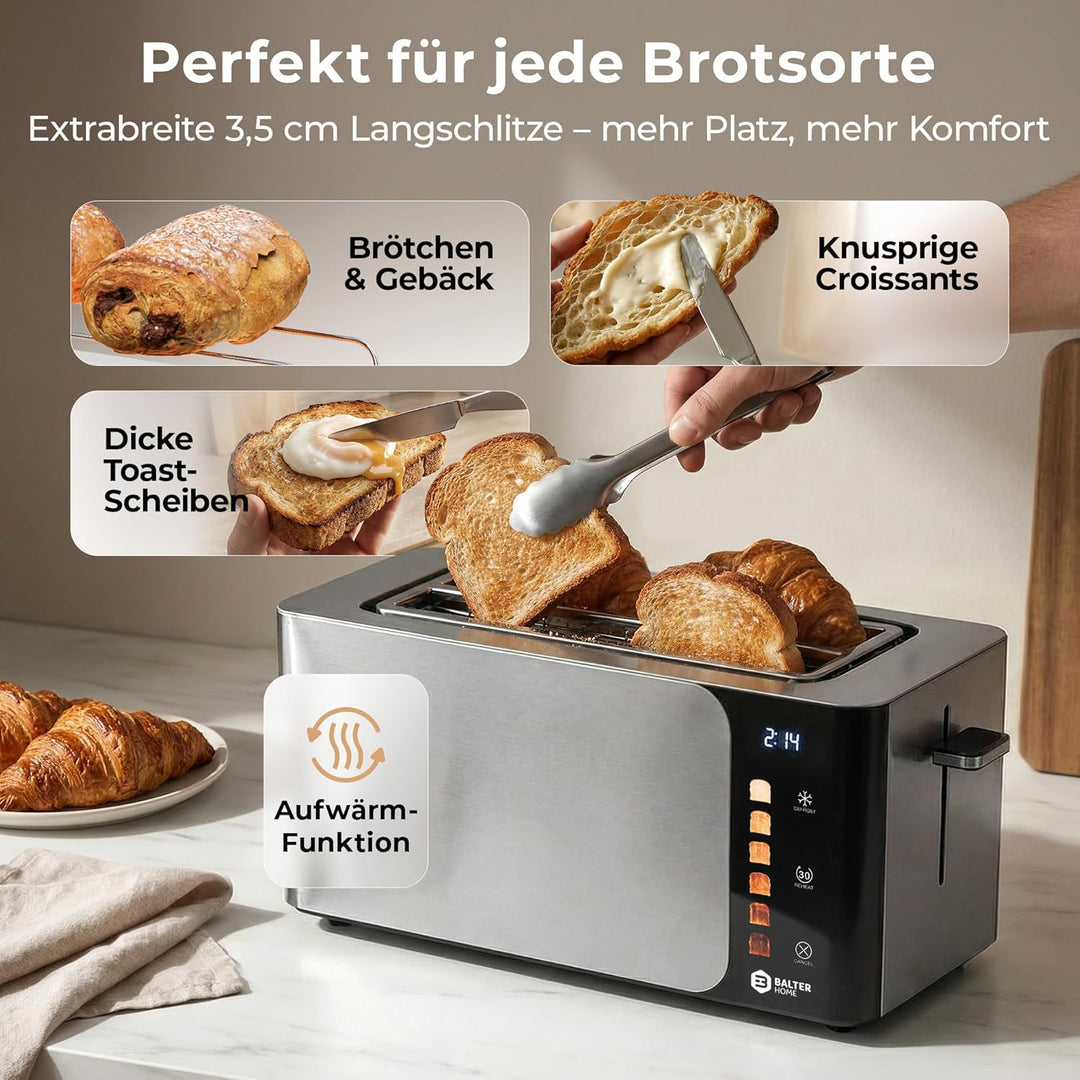 Balter Toaster 4 Scheiben, Touch Bedienung, Langschlitz, Edelstahl, Brötchenaufsatz, LCD Display Lan
