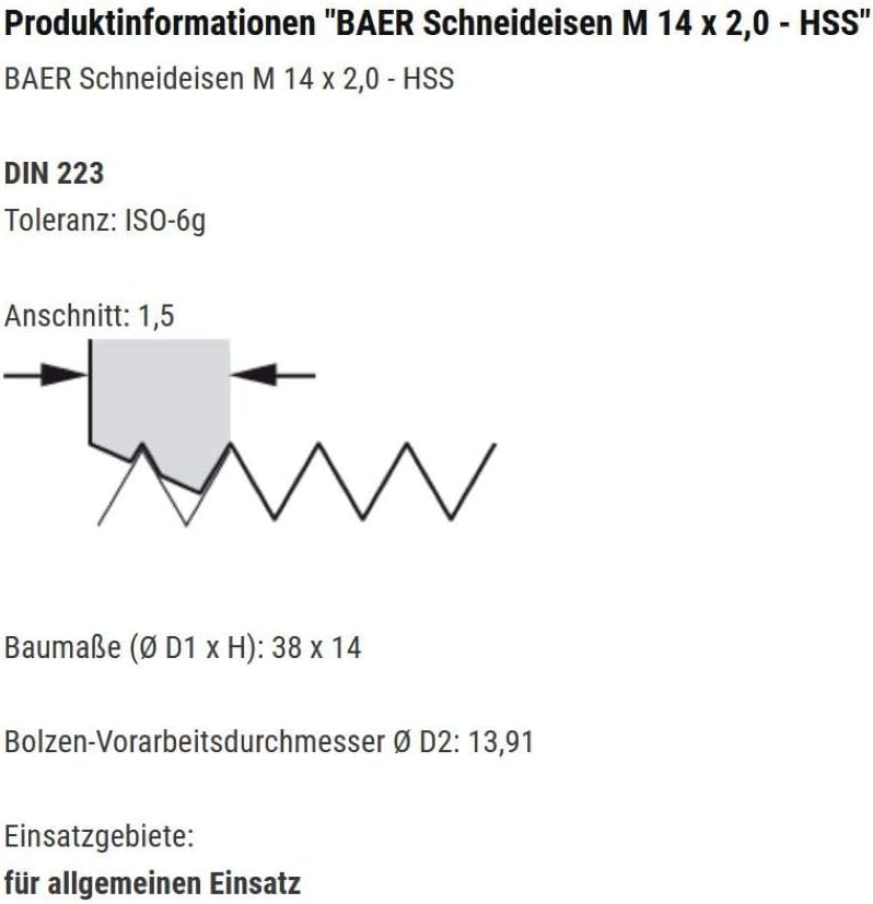 BAER Gewindeschneider M14 HSS Schneideisen - M 14 x 2,0 - Gewindeschneideisen metrisch Regelgewinde