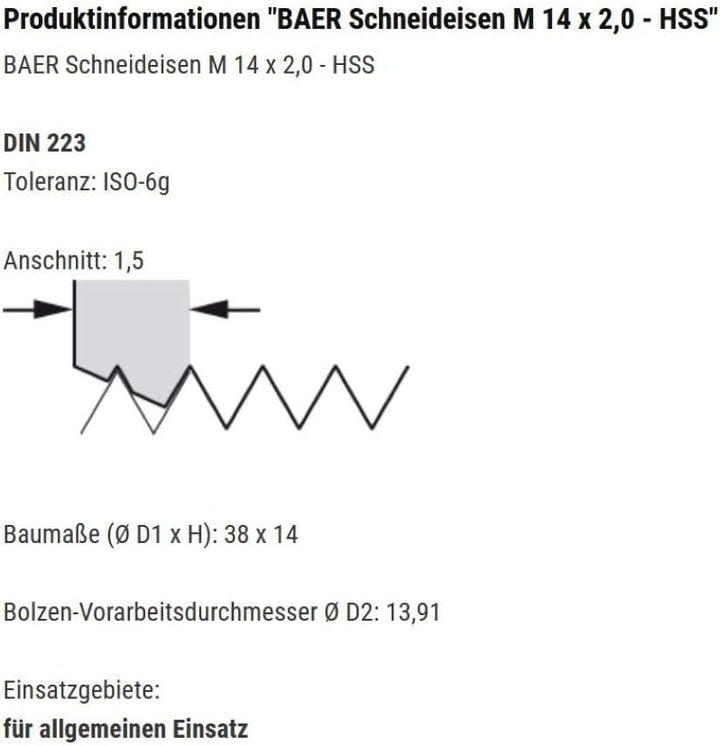 BAER Gewindeschneider M14 HSS Schneideisen - M 14 x 2,0 - Gewindeschneideisen metrisch Regelgewinde