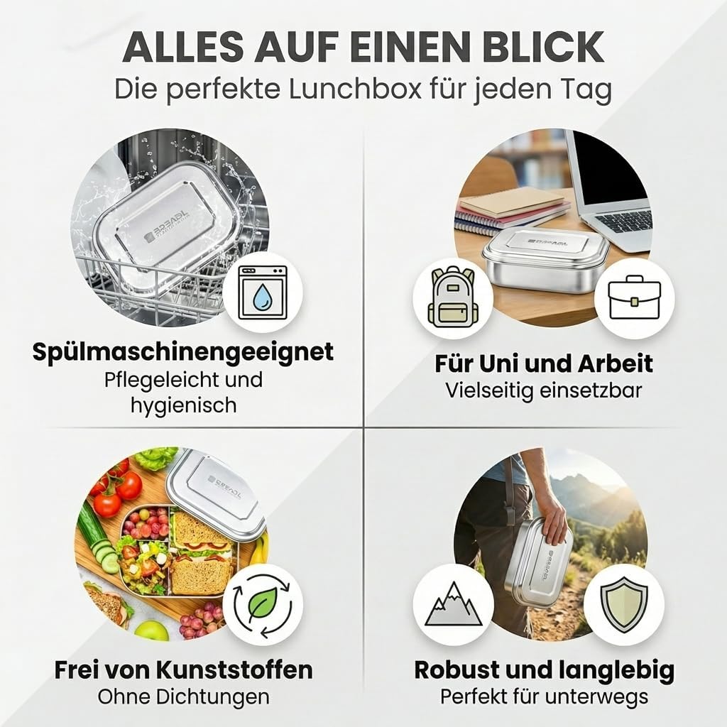 Edelstahl Brotdose, Feste Trennwand und 3 Fächer, Plastikfrei, Rostfrei, Spülmaschinengeeignet, Gros