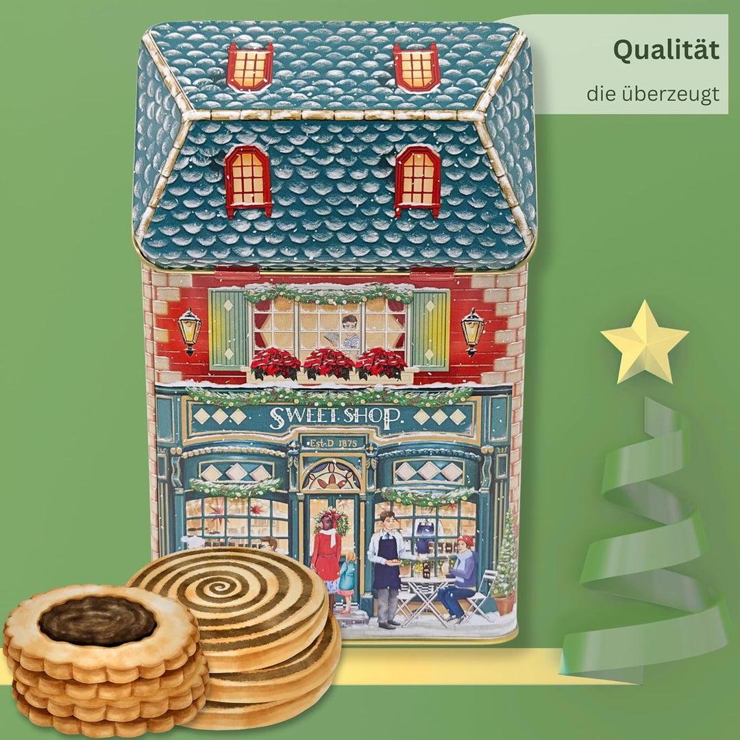 MediMuc Kleines Haus Winter Sweet mit Vordach - Dose, Gebäckdose, Geschenkdose, Sammlerdose - Volume