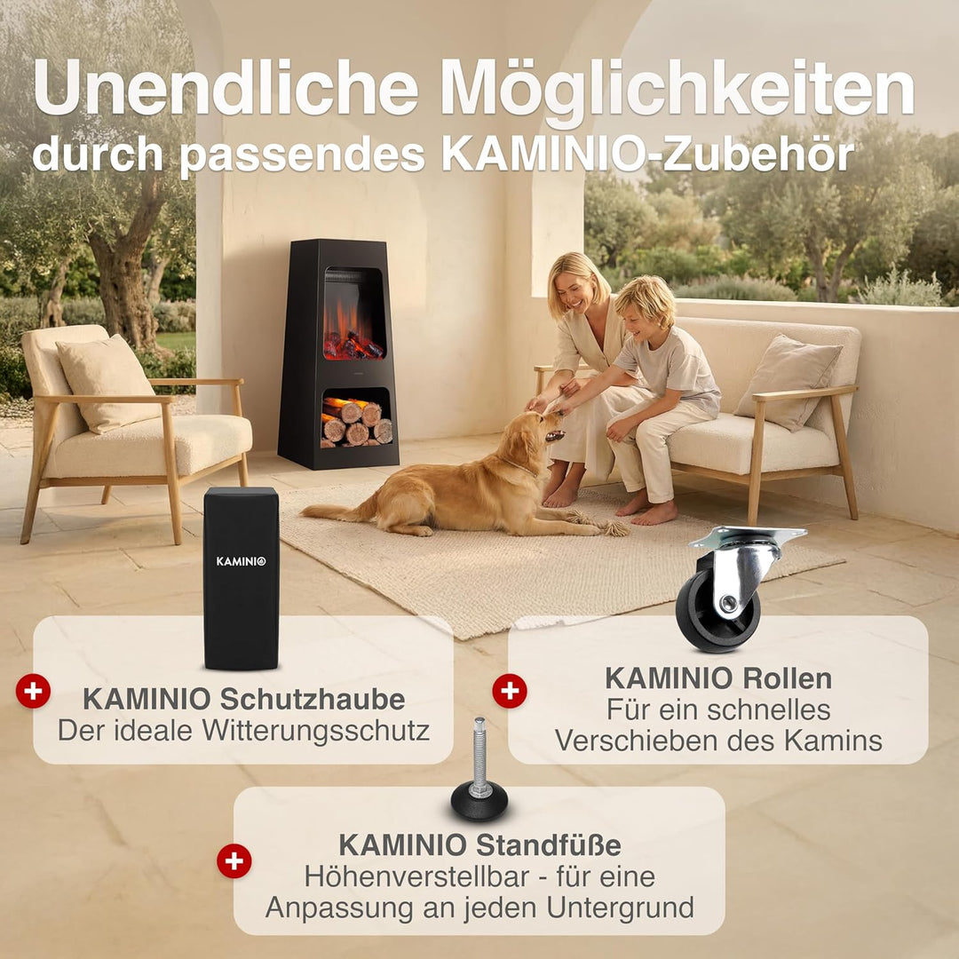 KAMINIO Elektrischer Gartenkamin Kai - Elektro Terrassenofen mit Heizung, 3D-Flammeneffekt, Holzfach