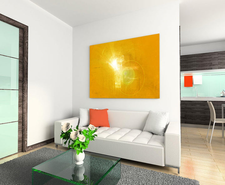 100x70cm Abstrakt048_Leinwandbild Lichtpunkt Abstrakte Kunst gelb weiss Kunstdruck auf Leinwand zeit