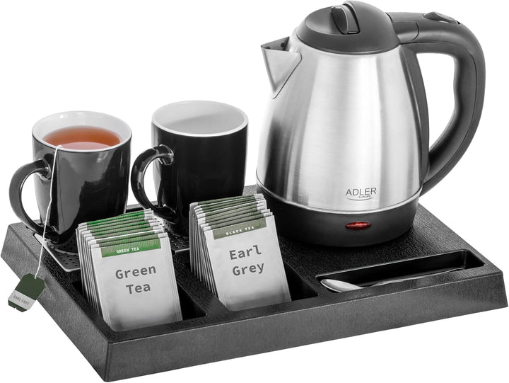 Adler Wasserkocher Set Edelstahl 1,2L mit Tablett & 2 Tassen | Kompakte Teestation & Kaffeebar für H