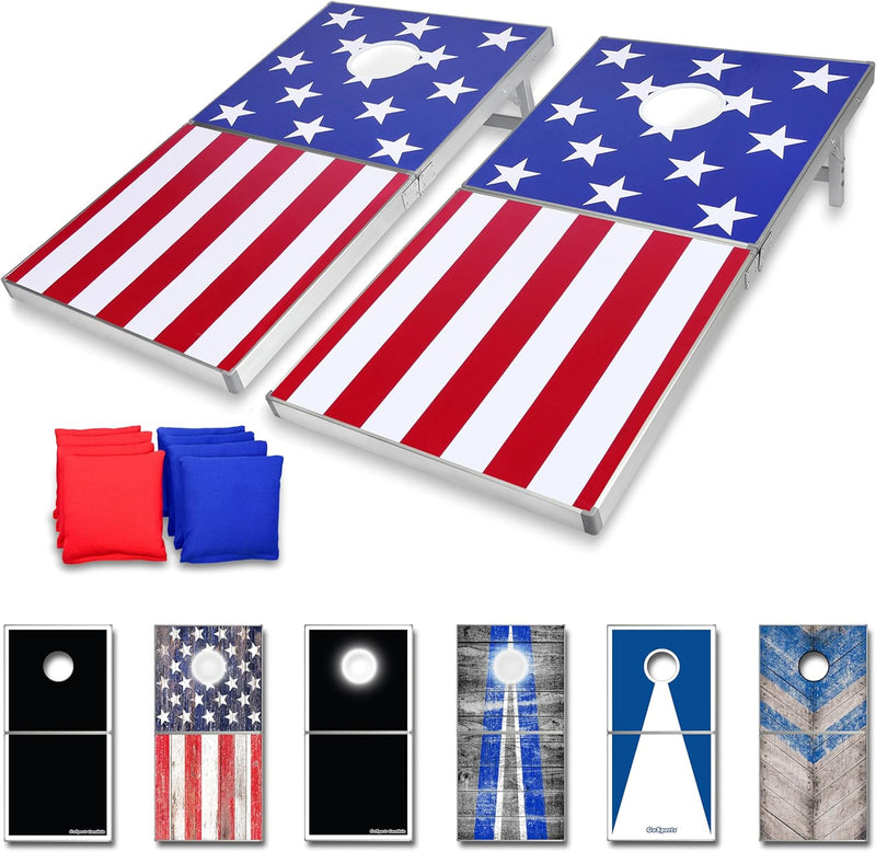 GoSports Cornhole PRO Sitzsack-Wurfspiel-Set, faltbar, amerikanische Flagge, LED, Schwarz, Rot und