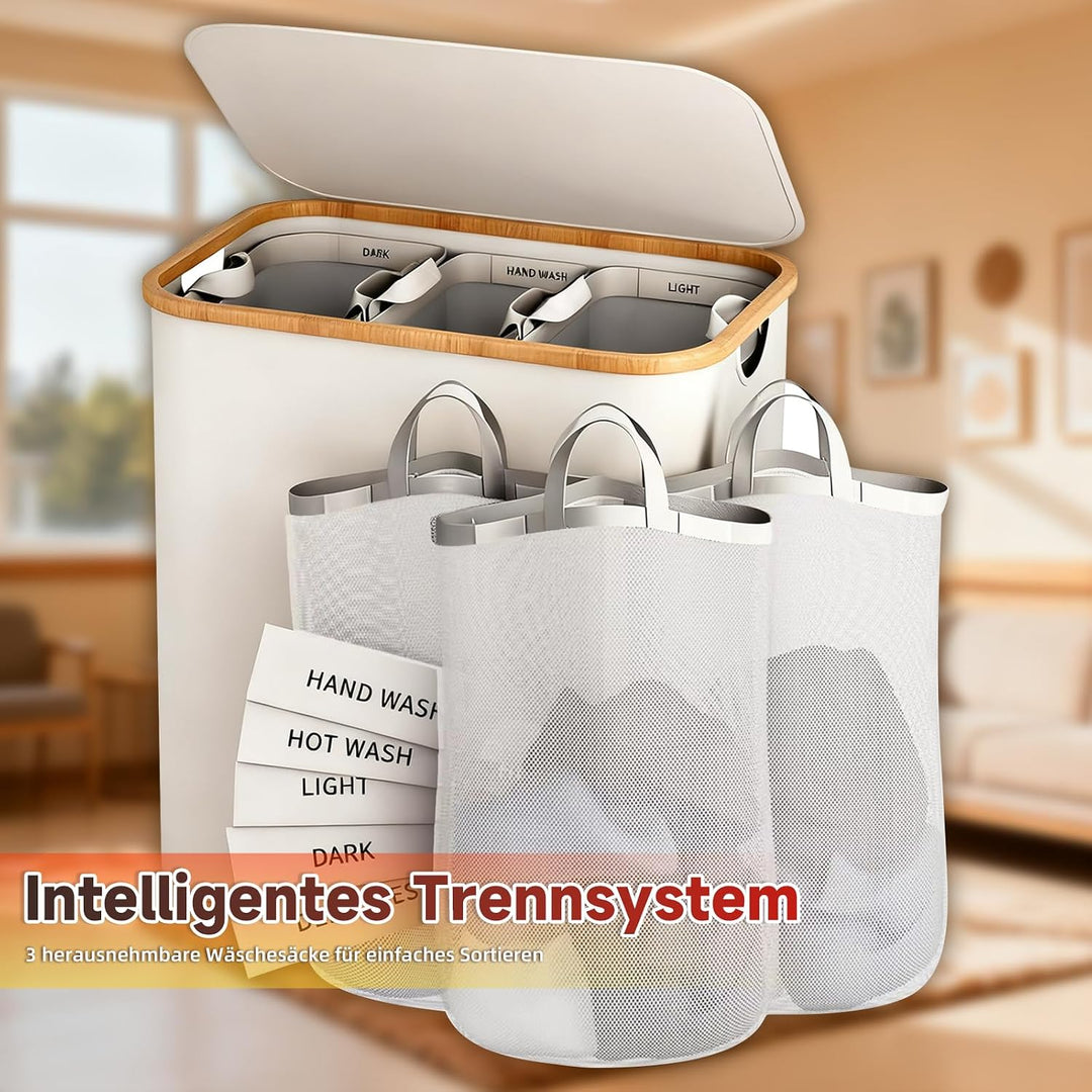 Faltbarer Wäschekorb 3 Fächer mit Deckel, Grau | 160L Grosser Laundry Basket, Oxford Material, Für S
