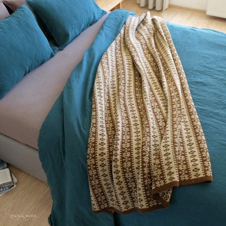 Linen & Cotton Luxus Warme Decke Wolldecke Gestrickt Arctic - 100% Reine Neuseeland Wolle, Beige/Bra