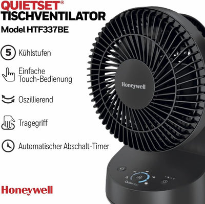 Honeywell QuietSet Oszillierender Tischventilator in Schwarz – Ventilator für einzelne Benutzer und