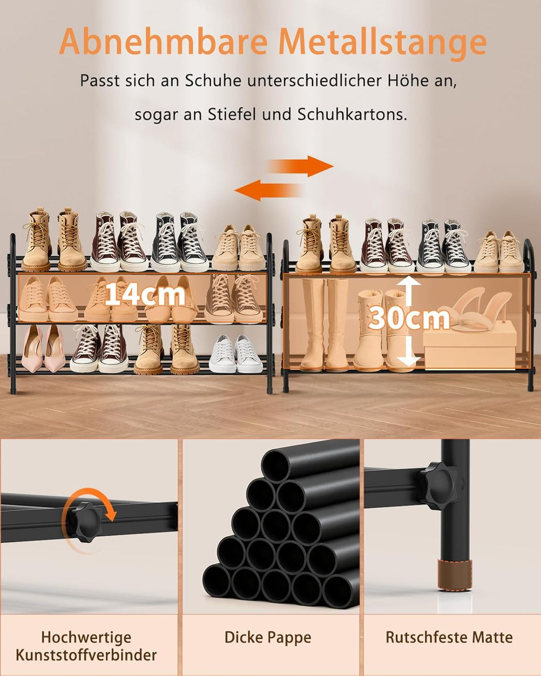Ausziehbares Schuhregal, 3 Ebenen Adjustable Schuhregal Metall 43 to 78cm, Standregal Schmal Schuhab
