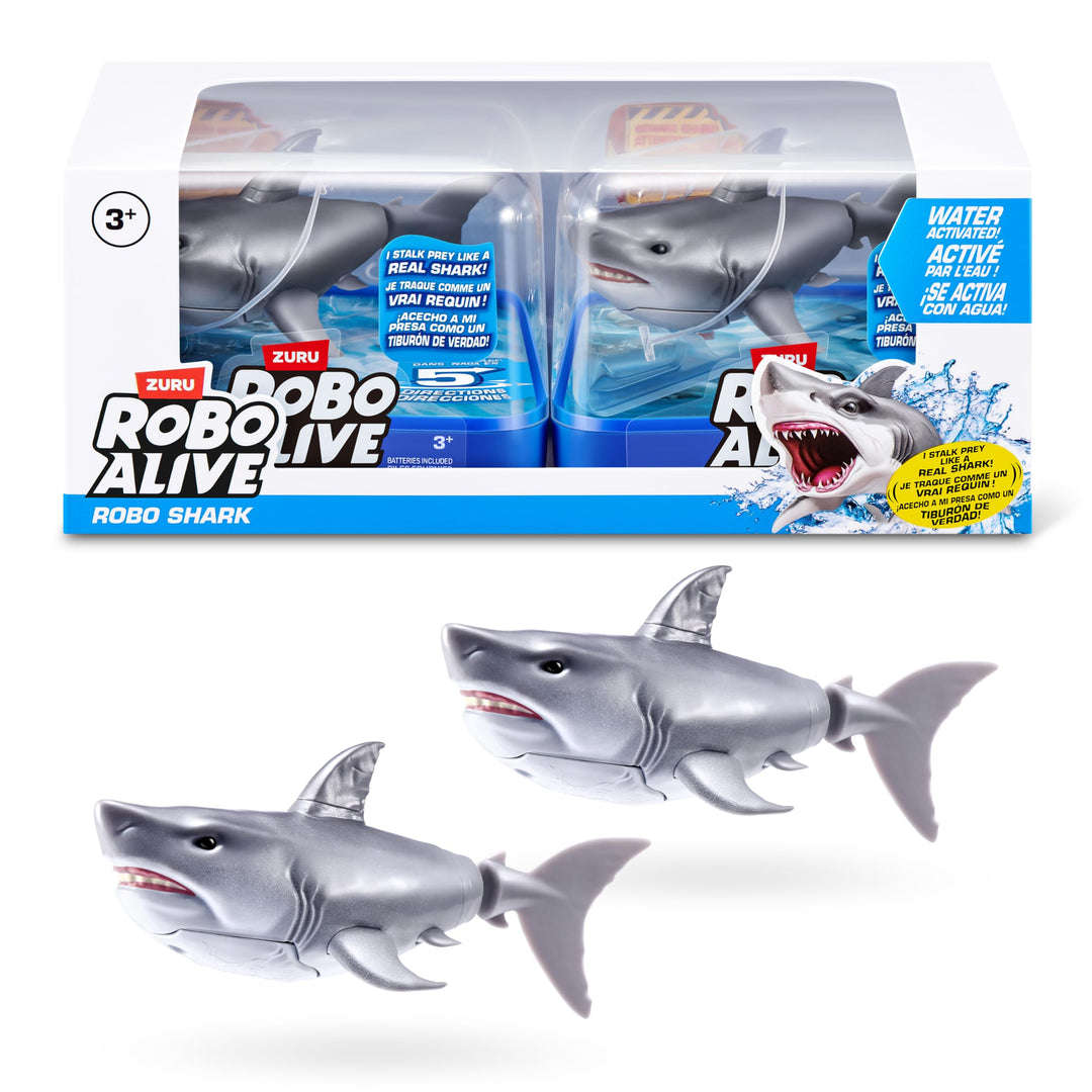 Robo Alive Wasseraktivierter Hai (Weiss) 2er-Pack von ZURU – Realistisches schwimmendes Roboter-Bade
