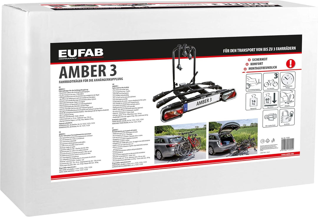 EUFAB 11555 Fahrradträger AMBER 3, E-Bike geeignet, teilweise vormontiert, Diebstahlschutz, für 3 Fa