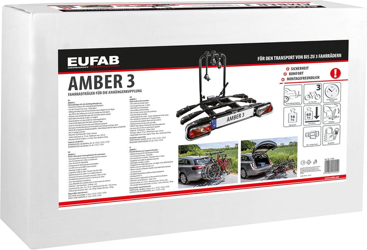 EUFAB 11555 Fahrradträger AMBER 3, E-Bike geeignet, teilweise vormontiert, Diebstahlschutz, für 3 Fa