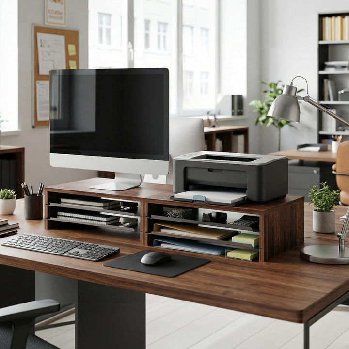 Fenge Monitorständer, Monitorerhöhung mit Ablage, Holz und Metall, Schreibtisch-Organizer für Zuhaus