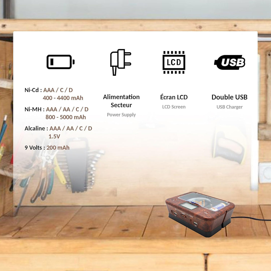 Universal-Ladegerät AA/LR6, AAA/LR3, C/LR14, D/LR20, 9 V, NiCd und NiMh + Alkaline – LCD-Display (B0