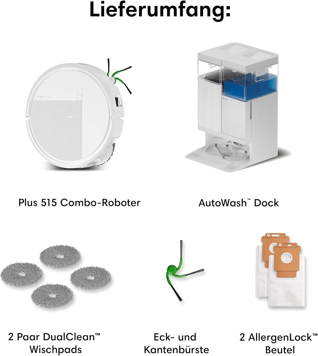 iRobot Roomba® Plus 515 Combo Roboter + AutoWash™ Dock, 22Kpa, Multifunktions‑Dock, Wäscht und trock