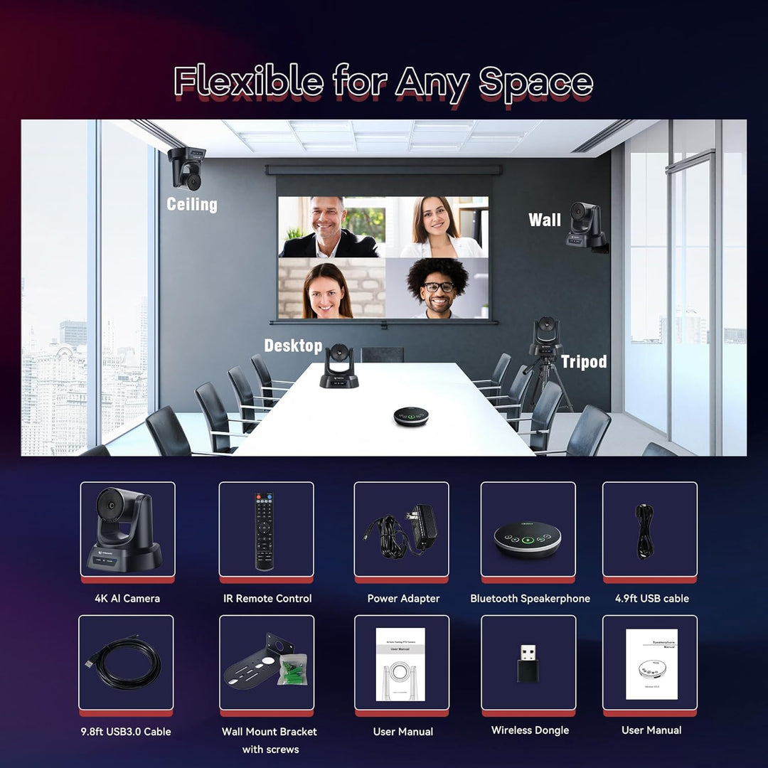 TONGVEO 4K PTZ-Konferenzkamerasystem, KI-Auto-Tracking, 3X Zoom, 4K PTZ-Kamera mit USB 3.0/HDMI & 93
