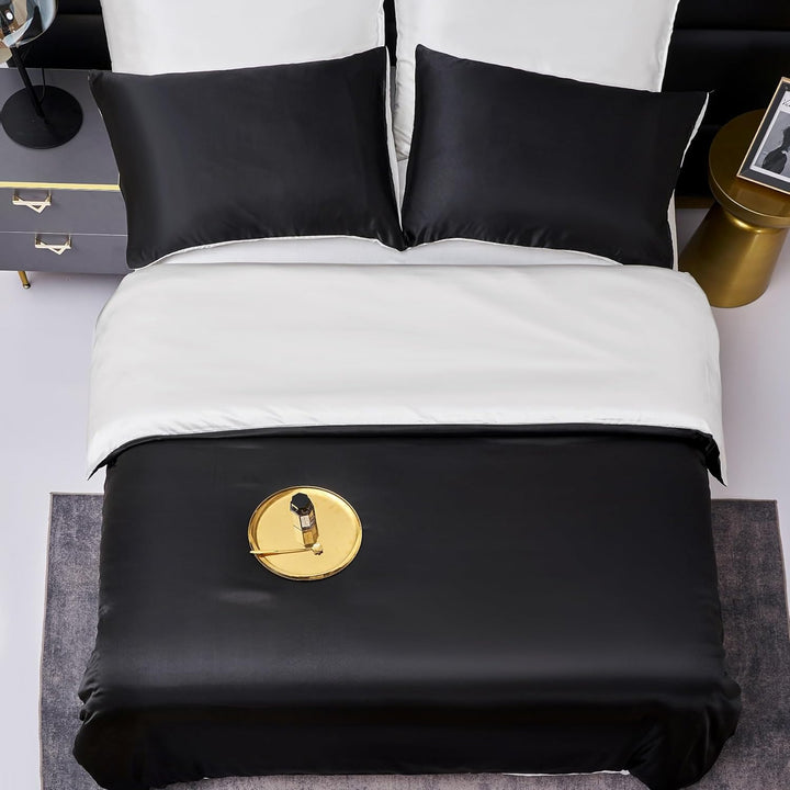 YASMENG Bettwäsche 200x200 Satin Schwarz Weiss Wendebettwäsche Set Elegant Luxus Modern Bettbezug Se