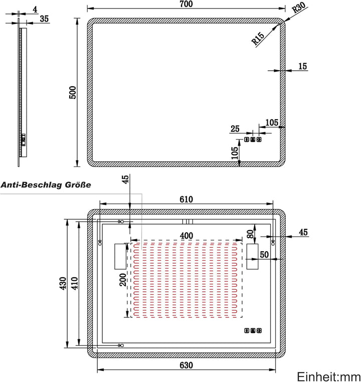 SONNI Badspiegel mit Beleuchtung 70x50 cm, LED Spiegel mit Bluetooth und Touch-Schalter, Dimmbar, Be