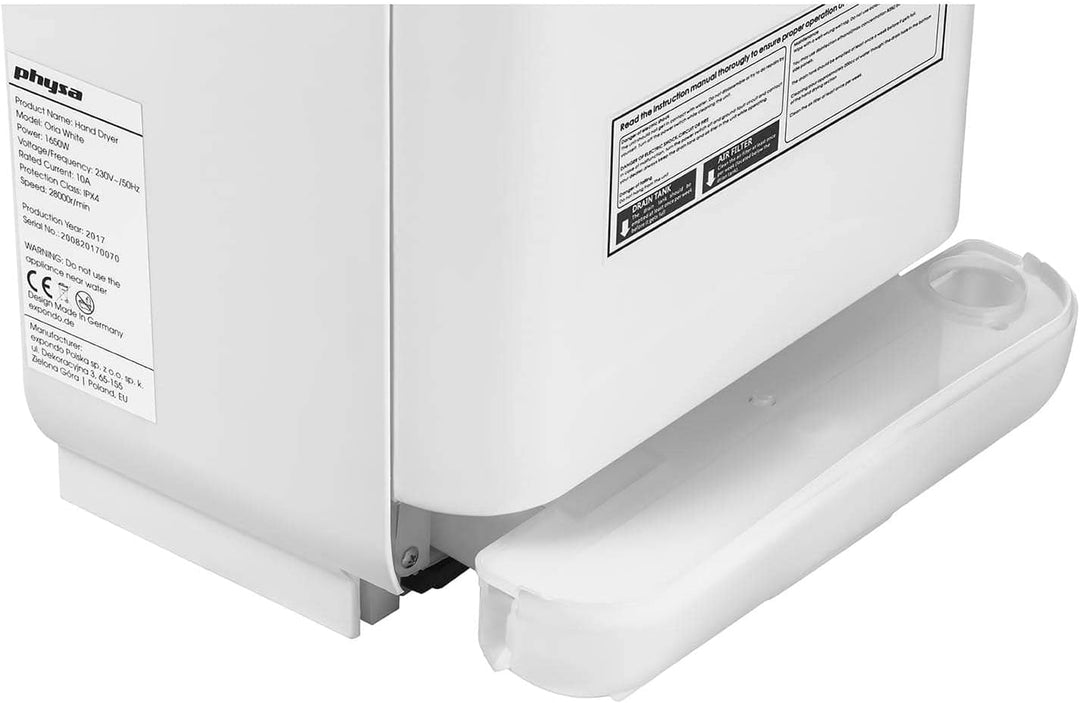 Physa ORIA White Händetrockner (elektrisch, 5-7s, LED-Timer, 1.650W, 230V, Luftgeschwindigkeit: 86 m