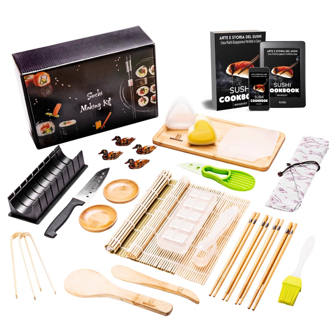 Sushi-Set 2025 – 29-teilig mit praktischer Anleitung, Rezeptbuch, Onigiri-Form, Bambusmatte, Sushi G