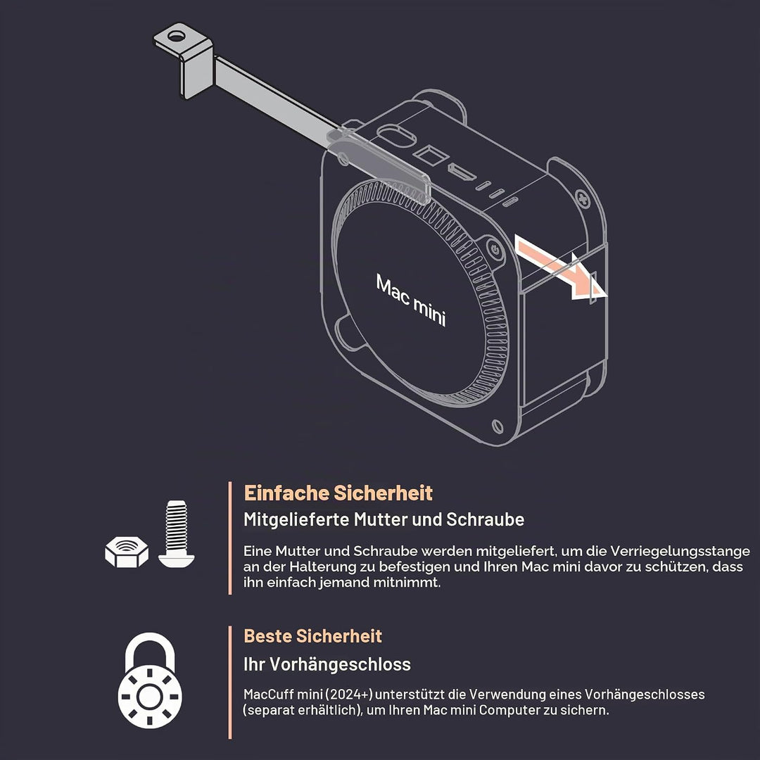 SoNNeT MacCuff mini (2024+): Stahlhalterung zur Montage eines Mac mini (2024) unter einem Tisch, an