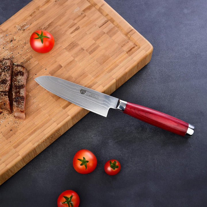 GRÄWE Damastmesser aus Damaststahl, gross, 12,5 cm Klinge, scharf, Damaszener Santokumesser mit Holz