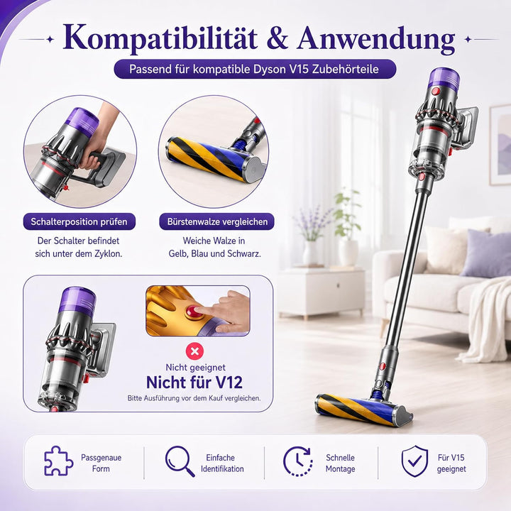 Ersatz-Bürstenwalze und 2 Stück Ersatzfilter Filter für Dyson V15 Detect Slim, Absolute, Softwalzen