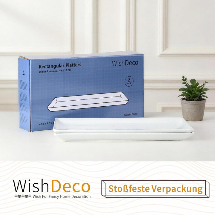WishDeco Servierplatte Gross 2er Set, Servierteller Porzellan 40x19 cm, Kuchenplatte Rechteckig, Tel
