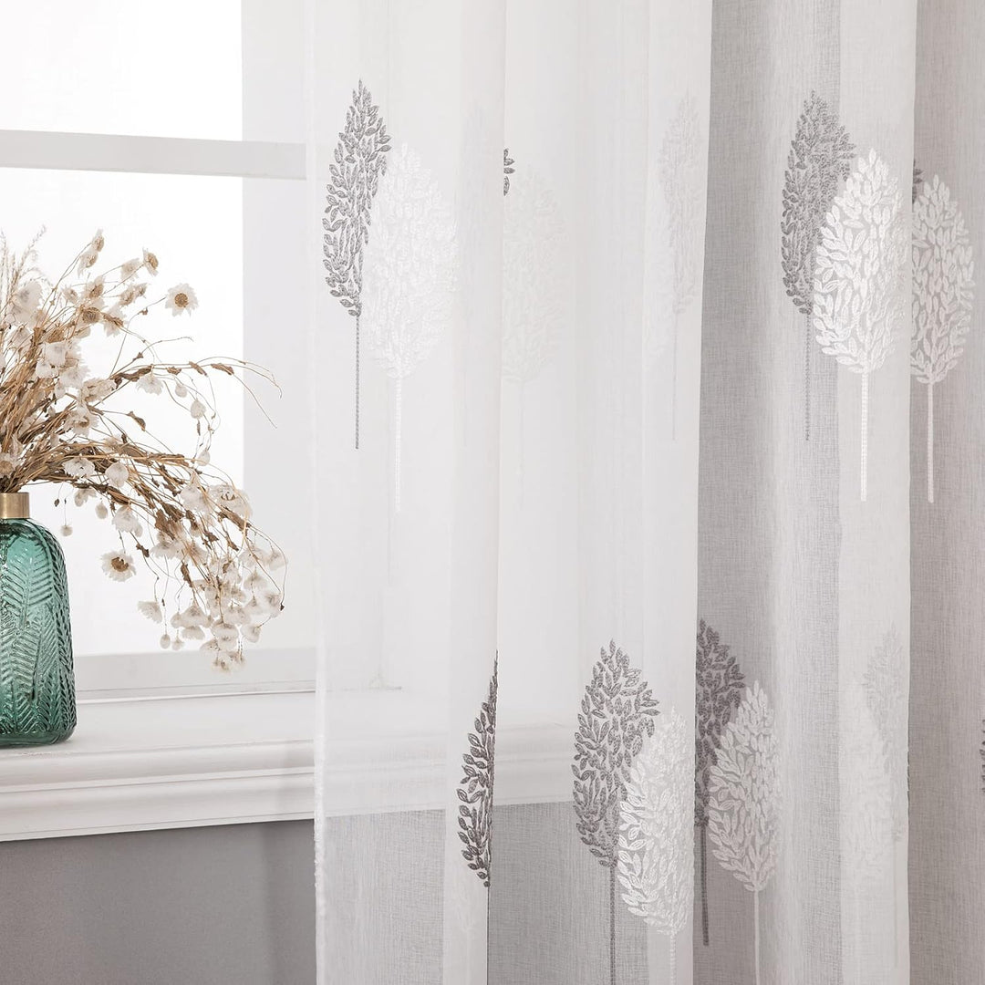 MIULEE Vorhänge mit Grau und Weiss Blätter Muster, Schöne Stickerei Vorhang Transparent, Dekoration