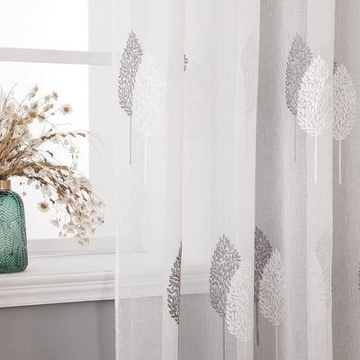 MIULEE Vorhänge mit Grau und Weiss Blätter Muster, Schöne Stickerei Vorhang Transparent, Dekoration