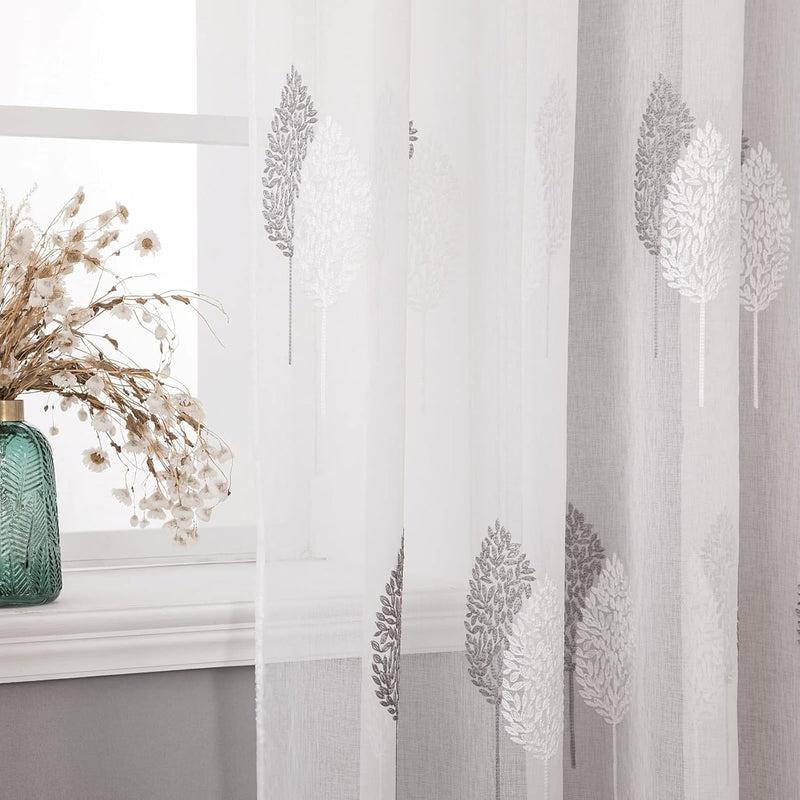 MIULEE Vorhänge mit Grau und Weiss Blätter Muster, Schöne Stickerei Vorhang Transparent, Dekoration