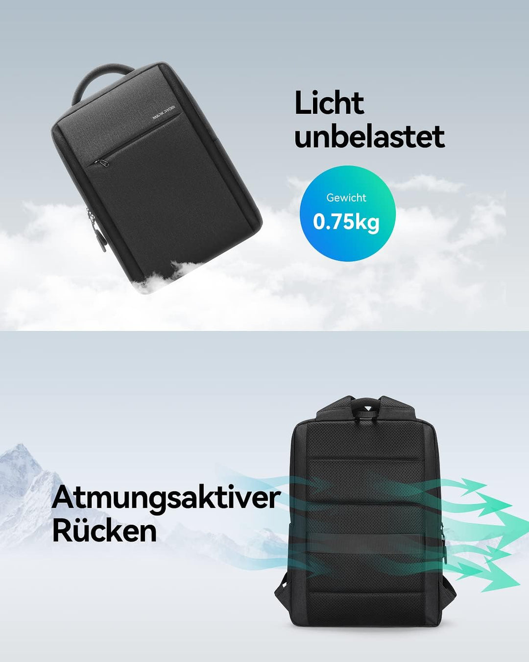 MARK RYDEN Laptop Rucksack Herren, 180 Grad Offen Schulrucksack Notebook Backpack Tagesrucksack, Was