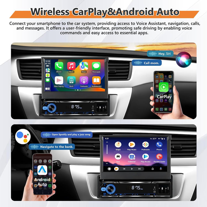 Single Din 4GB+64GB Autoradio mit kabellosem CarPlay Android Auto, 7" Flip Out 1 Din Car Stereo mit