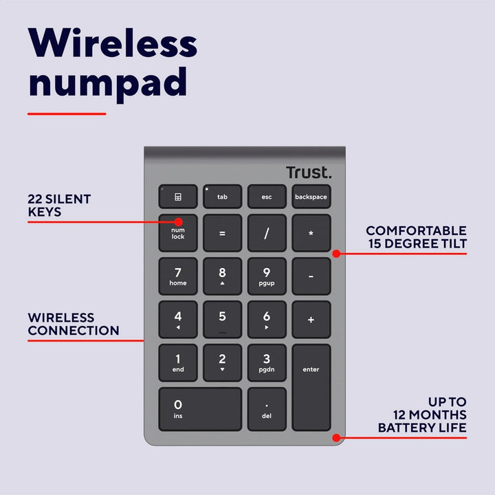 Trust Xalas Numpad Kabellos für Laptop und Desktop PC, 22 Tasten Mini Tastatur, 2,4 GHz USB Mikro Em
