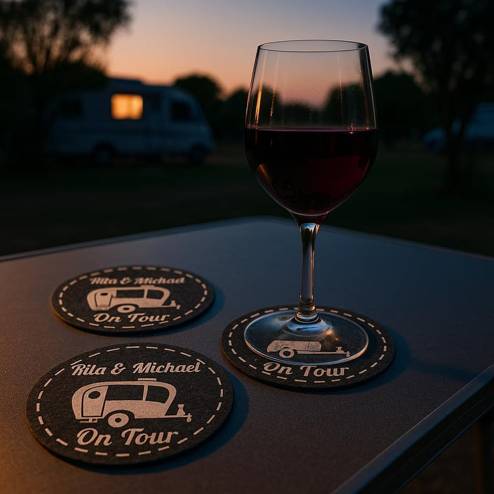 4 Filz Untersetzer Camping personalisiert mit Wunschtext und Motiv, Geschenk für Camper, Wohnwagen D