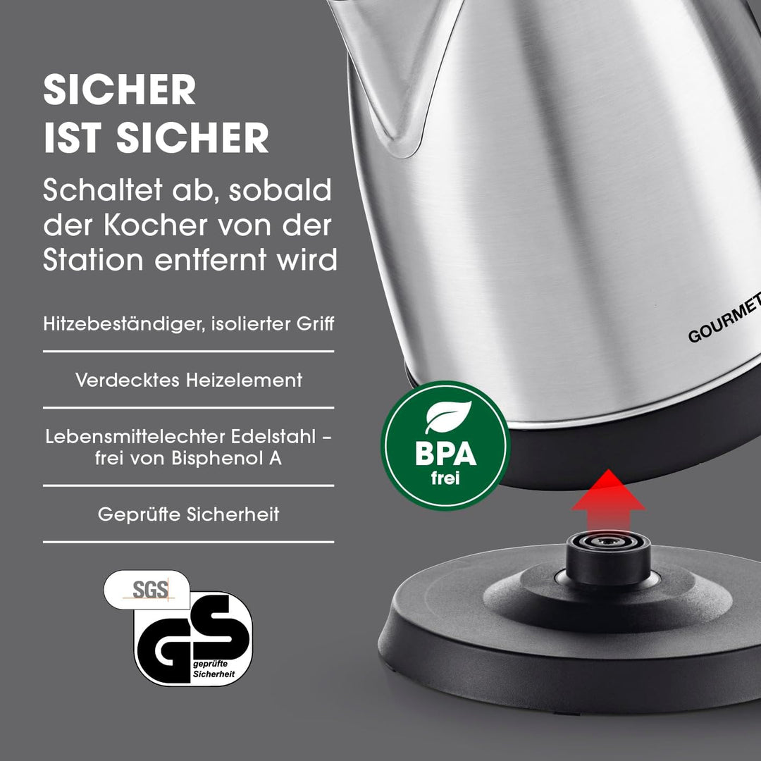 GOURMETmaxx Edelstahl-Wasserkocher 1,8 L | Leistungsstarker Boiler mit Abschaltfunktion und 360° Bas