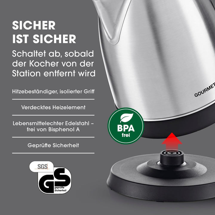 GOURMETmaxx Edelstahl-Wasserkocher 1,8 L | Leistungsstarker Boiler mit Abschaltfunktion und 360° Bas