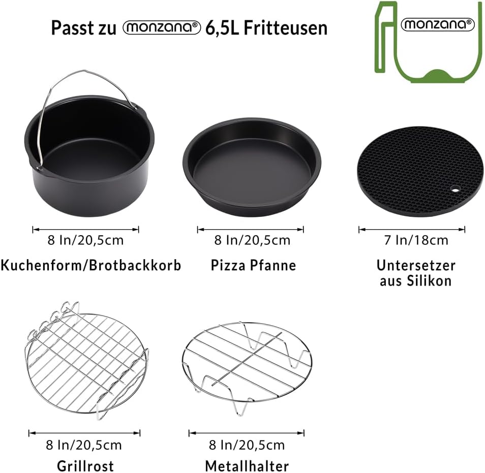 MONZANA® Heissluftfritteuse Zubehör XL 6,5L Fritteuse Set 9tlg mit Brotbackkorb Pizzapfanne Silikonp
