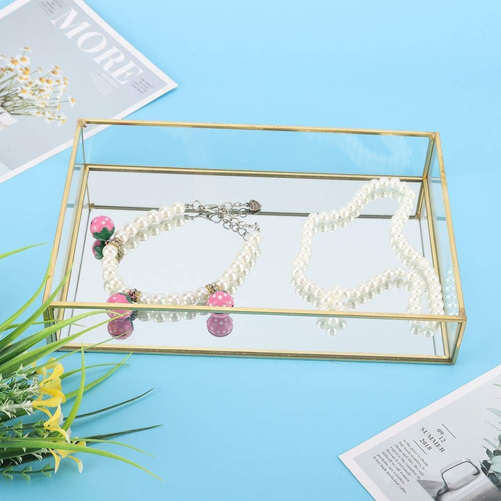 Retro Spiegeltablett, Dekotablett Gold Glastablett Tablett Vintage Metall Glas Aufbewahrungsbox Kosm