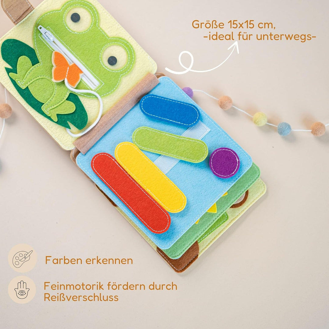 Mini Quiet Book Löwe – Handgefertigtes Filz-Sensorikbuch mit Fühlelementen – Bildschirmfreies Spielz
