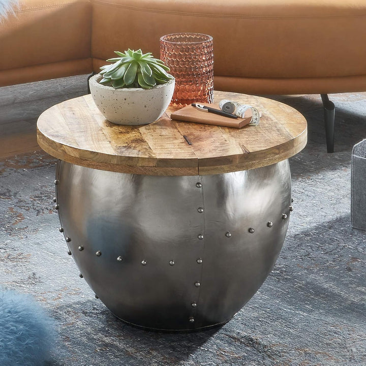 FineBuy Couchtisch Mango Massivholz/Metall 60x43x60 cm Industrial Style Rund | Design Wohnzimmertisc