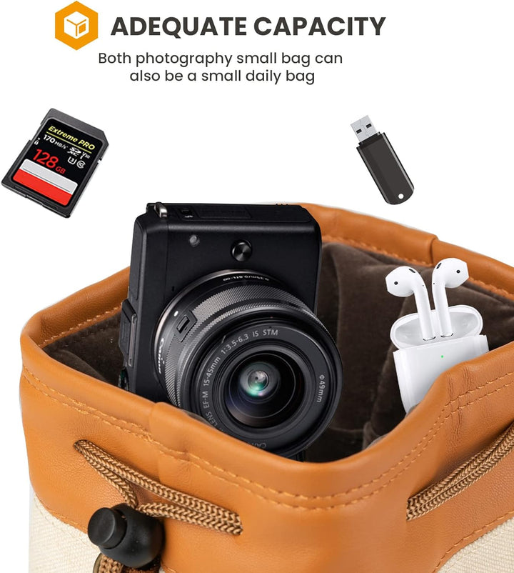 TARION Objektivbeutel mit Tragegurt, Objektivtasche aus Canvas PU Leder, Gepolstert Schutzbeutel Kam