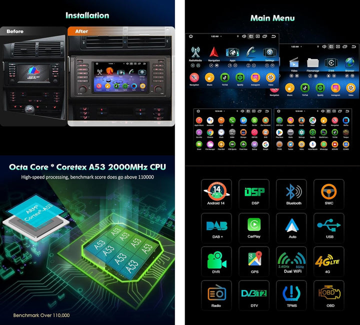 Erisin 8-Kern 4GB+64GB Android 14 Autoradio Bluetooth für BMW 5 Series 5er E39 M5 7 Zoll GPS Navi IP