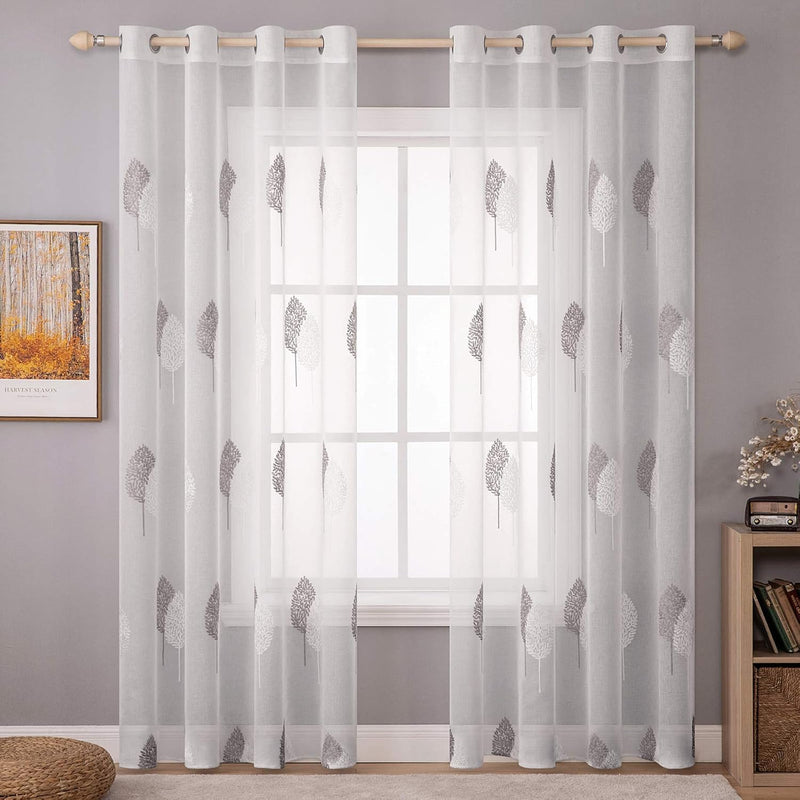 MIULEE Vorhänge mit Grau und Weiss Blätter Muster, Schöne Stickerei Vorhang Transparent, Dekoration